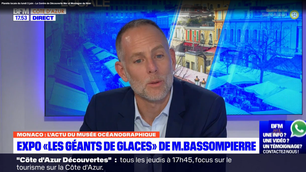 Pendant l'émission Planète Locale de BFM TV, l'exposition les Géants Des Glaces de Michel Bassompierre est présentée